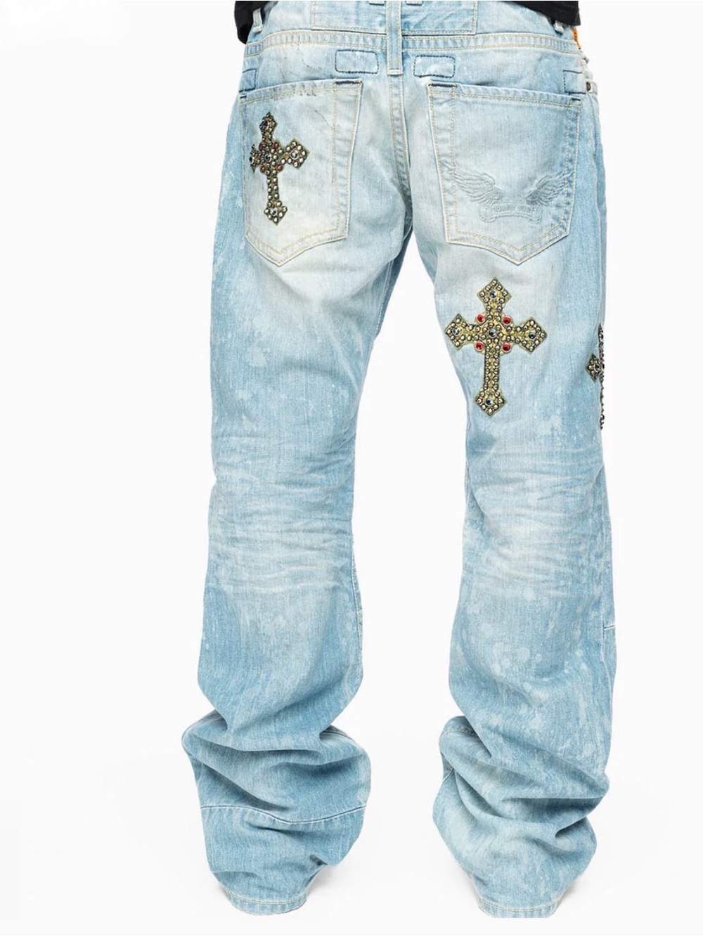 Robin’s Jean Light Wash Embellished Cross Back Jeans - Men's Light Blue Denim